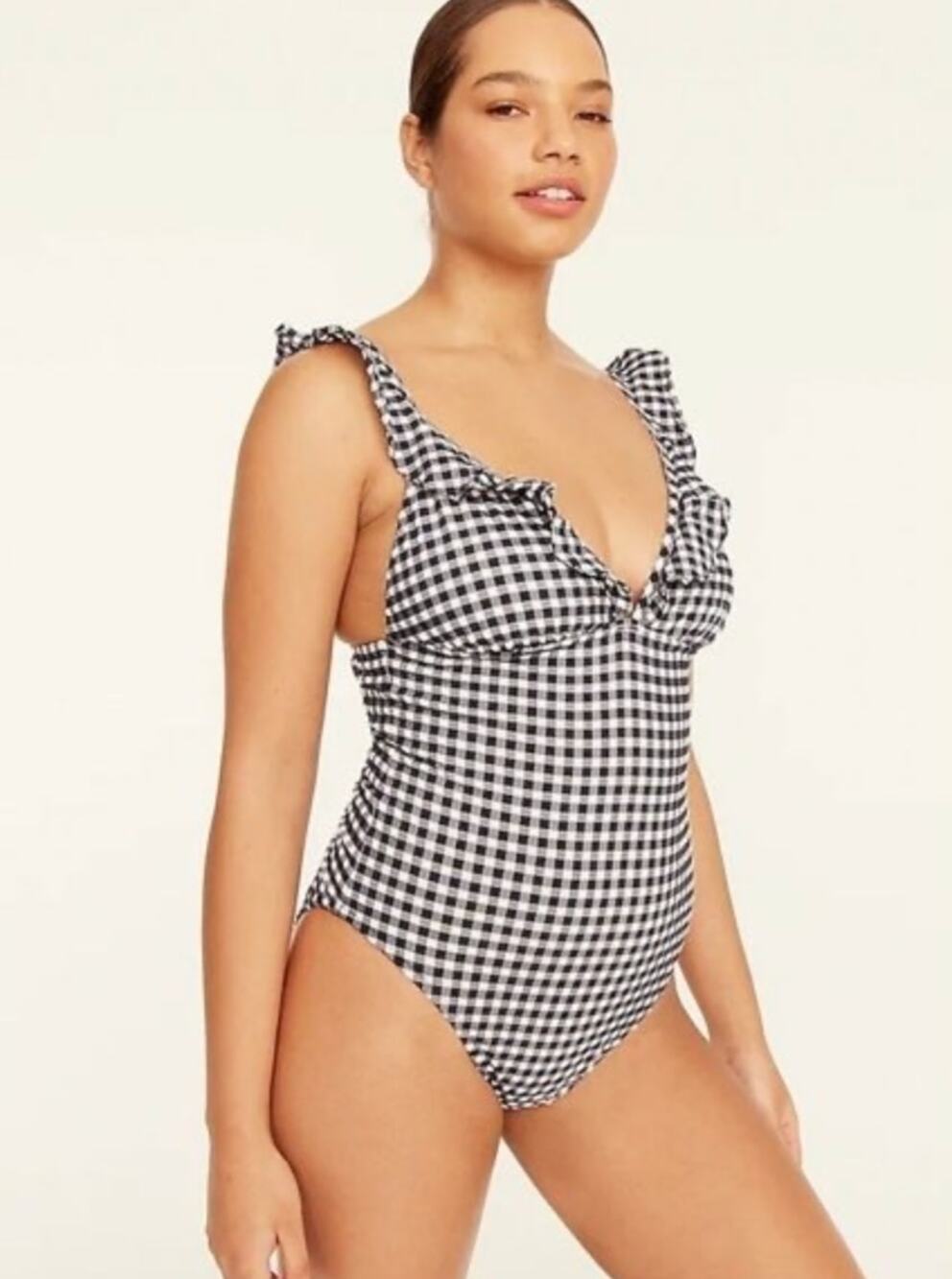 J.Crew Ruffle V Neck One Piece Gingham Swimsuit Padded Navy Retro US 24 NWT